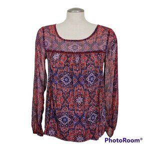 Lucky Brand Semi Sheer Blouse Womens Small Red Batik Ethnic Boho Long Sleeve
